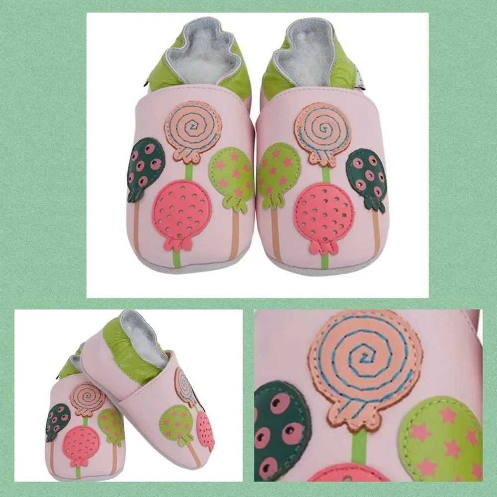 Baby leather slippers - Lollipop design in pinks and green colors for fun